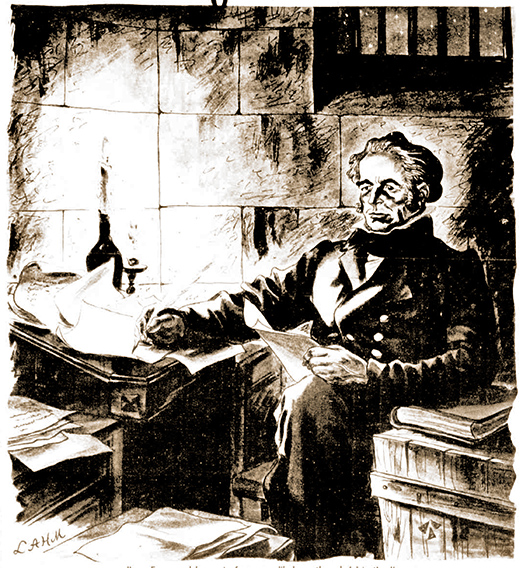 A 1940s depiction of Edward Smith Hall writing in his gaol cell, The Sun, 13 June 1948, p7 via Trove