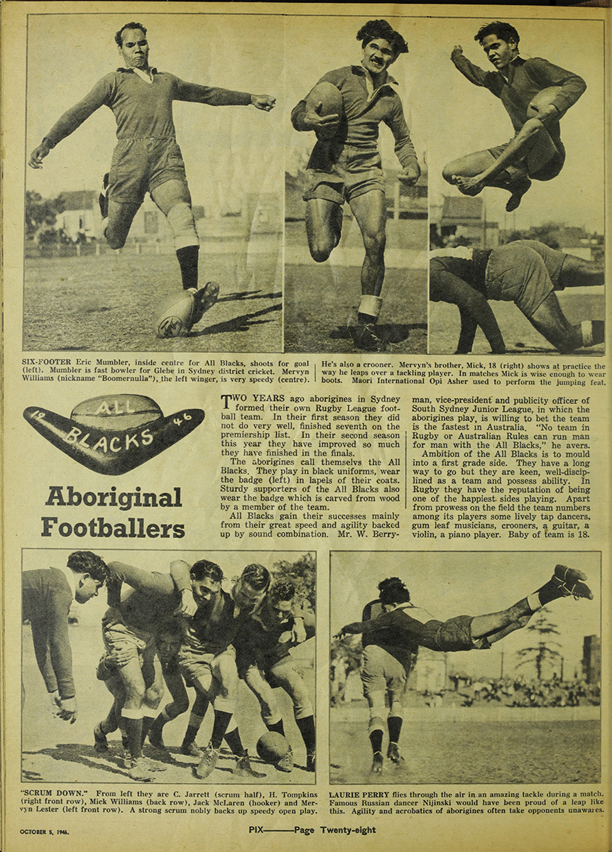 PIX article on the Redfern All Blacks 'Aboriginal Footballers' 1946, PIX 5 October 1946 p28