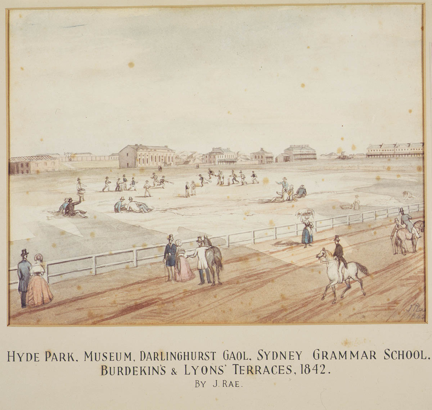 A spot of cricket in Hyde Park, Hyde Park, Museum, Darlinghurst Gaol, Sydney Grammar School, Burdekin's and Lyons' Terraces, 1842 by John Rae, Dixson Galleries, State Library of NSW (DG SV*/Sp Coll /Rae/19)