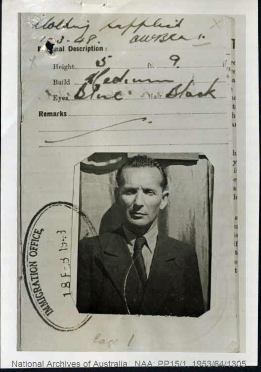 Portrait photo of Stefan Pietroszys attached to Australian Immigration file 1947, National Archives of Australia (PP15/1 1953/64/1305)