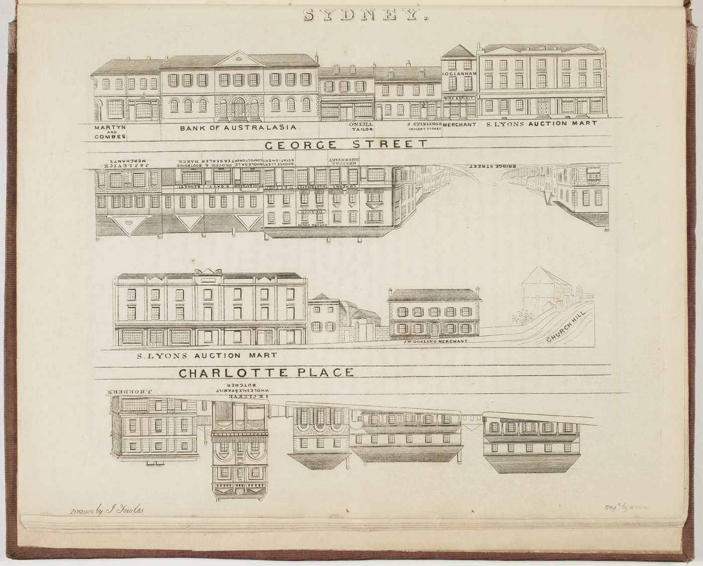 George street and Charlotte Place, in 'Sydney in 1848 : illustrated by copper-plate engravings of its principal streets, public buildings, churches, chapels, etc.' from drawings by Joseph Fowles, Dixson Library, State Library of NSW (DL Q84/56)