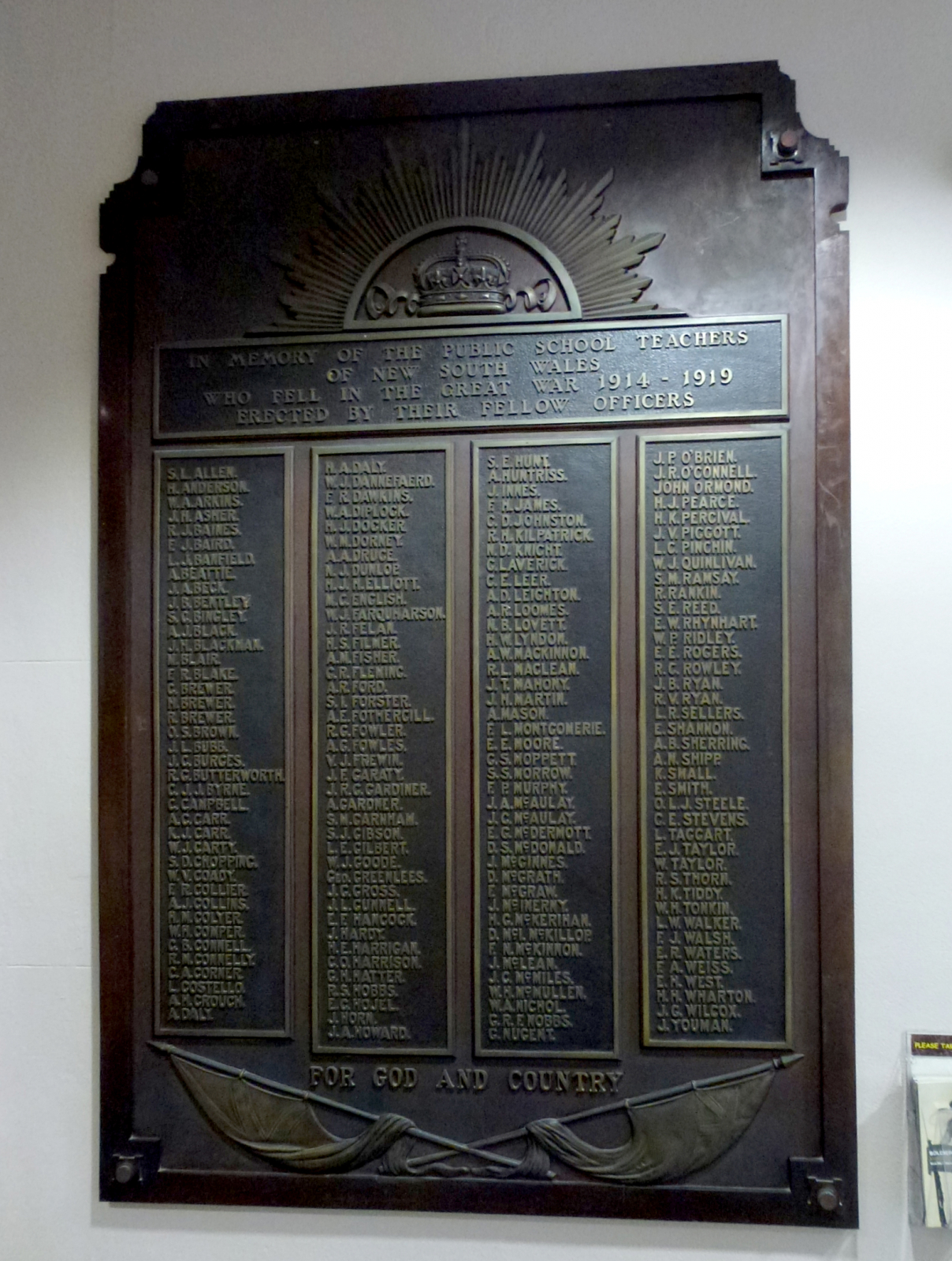 Photograph of NSW Public School Teachers Great War Honour Roll  war memorial