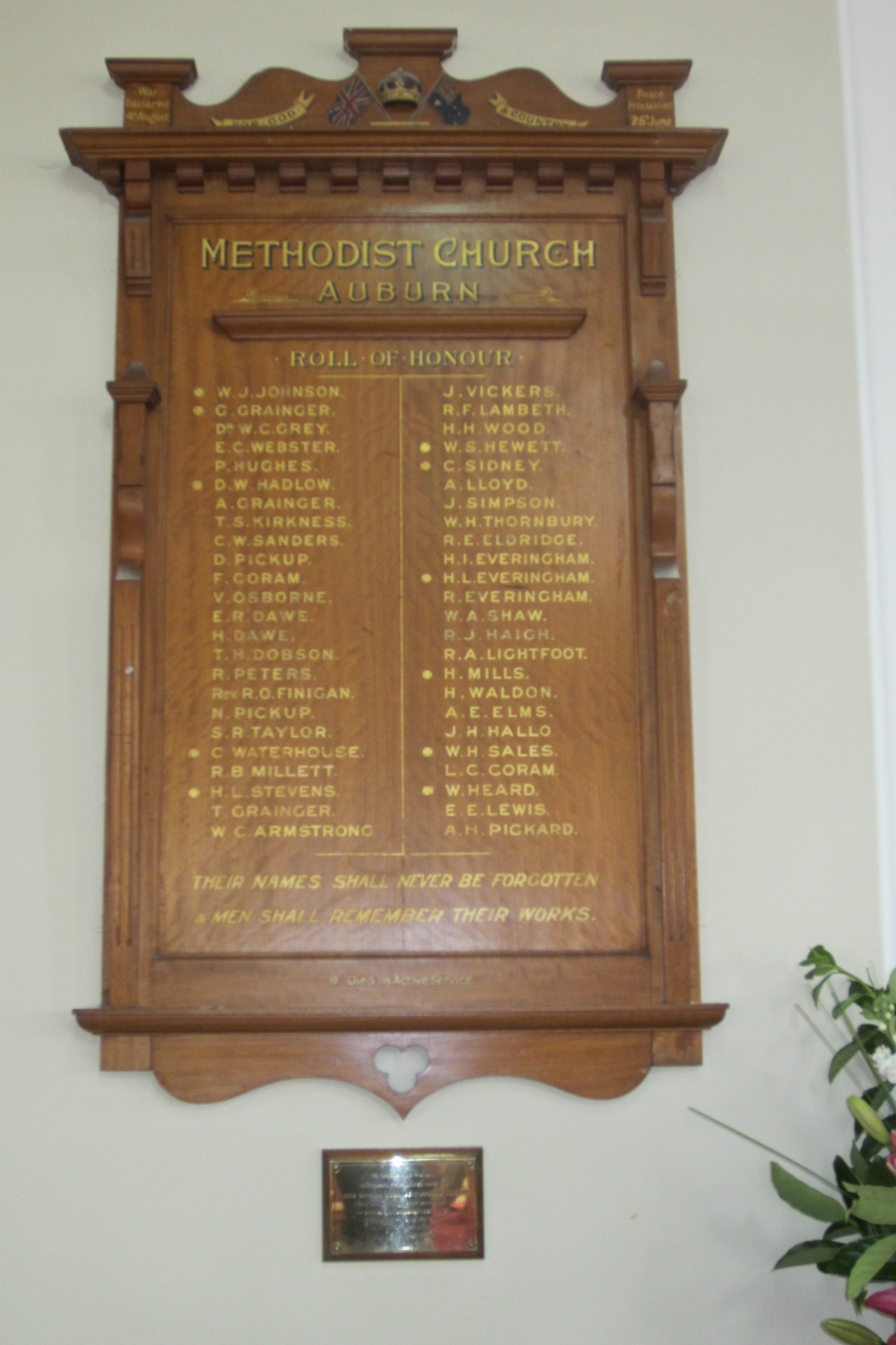 Photograph of Auburn Methodist Church First World War Honour Roll  war memorial