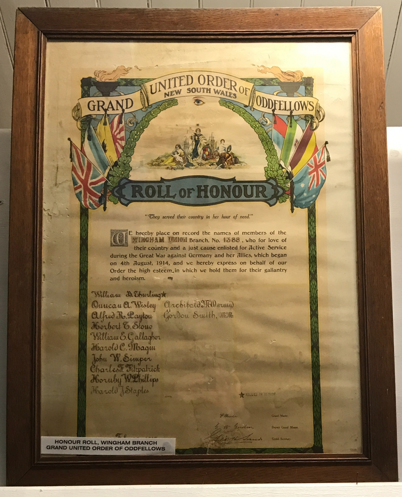 Photograph of Wingham Grand United Independent Order of Oddfellows First World War Roll of Honour  war memorial