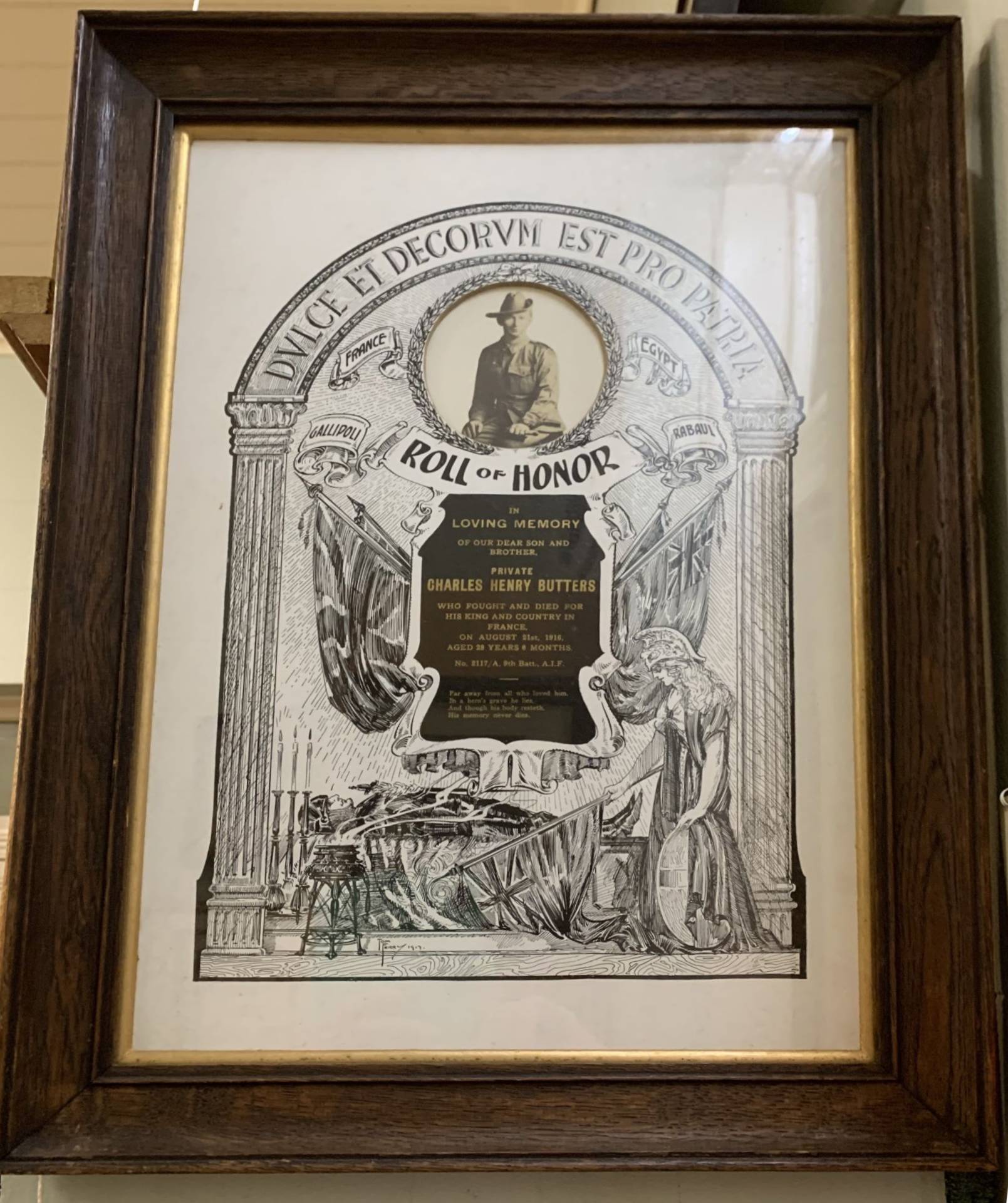 Private Charles Henry Butters First World War Roll of Honor, Grafton