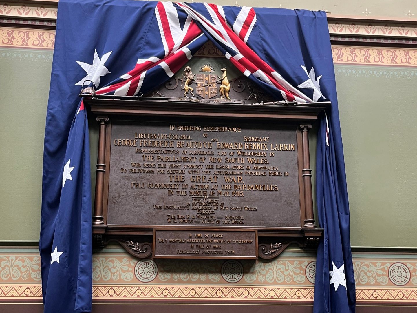 Parliament of NSW Legislative Assembly Great War Memorial. Photograph by NSW Office for Veterans Affairs, 2024.