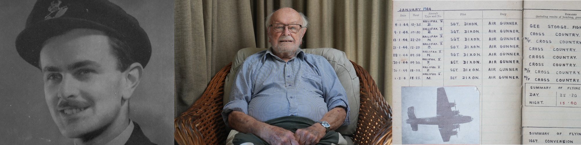 Photos of Peter Watson and his flying log book.