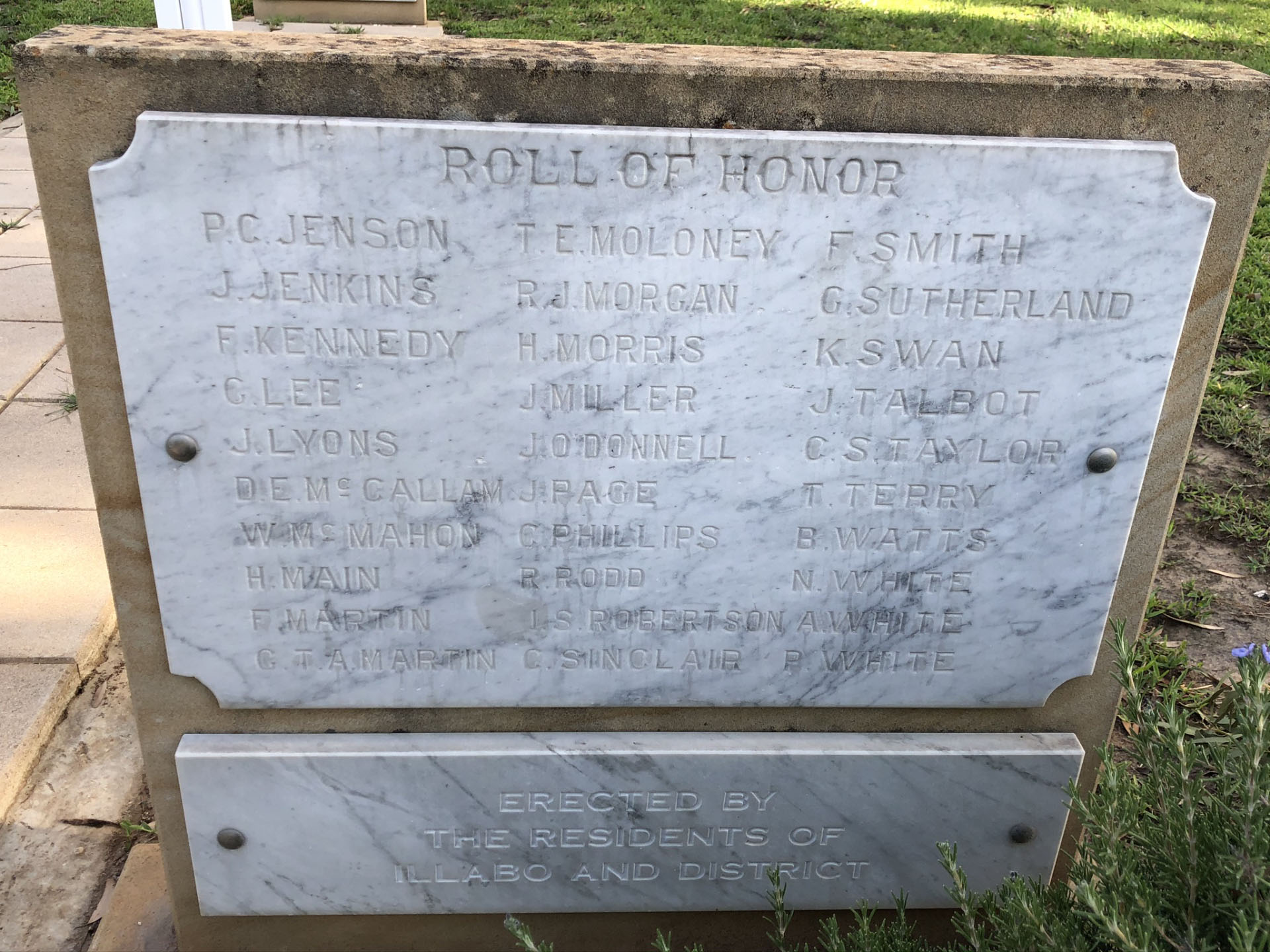 Illabo First World War Memorial and Roll of Honor, right marble roll of honor