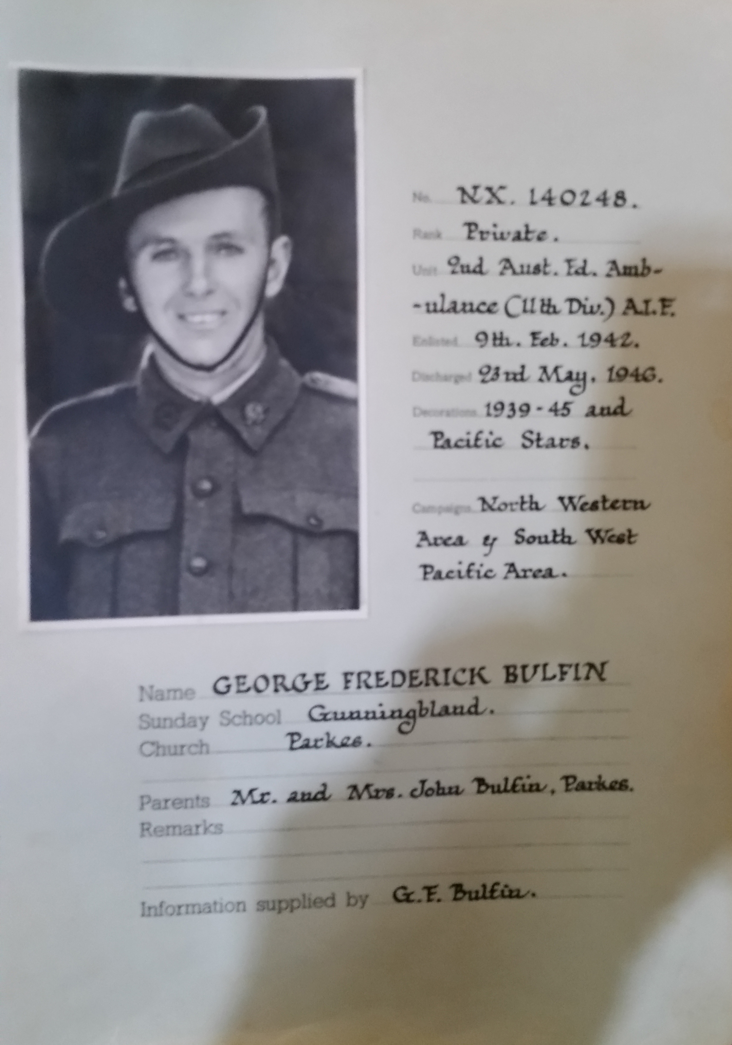 A page from a book recording the veteran's photograph, service details and remarks.