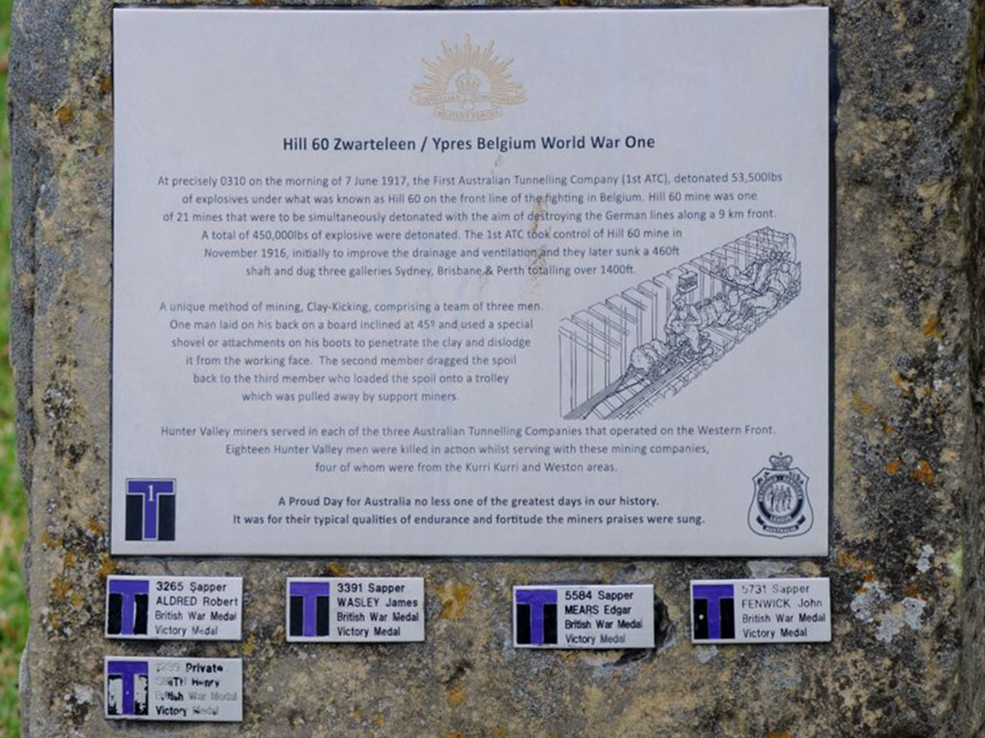 Hill 60 First World War Memorial, Kurri Kurri, close-up of plaques