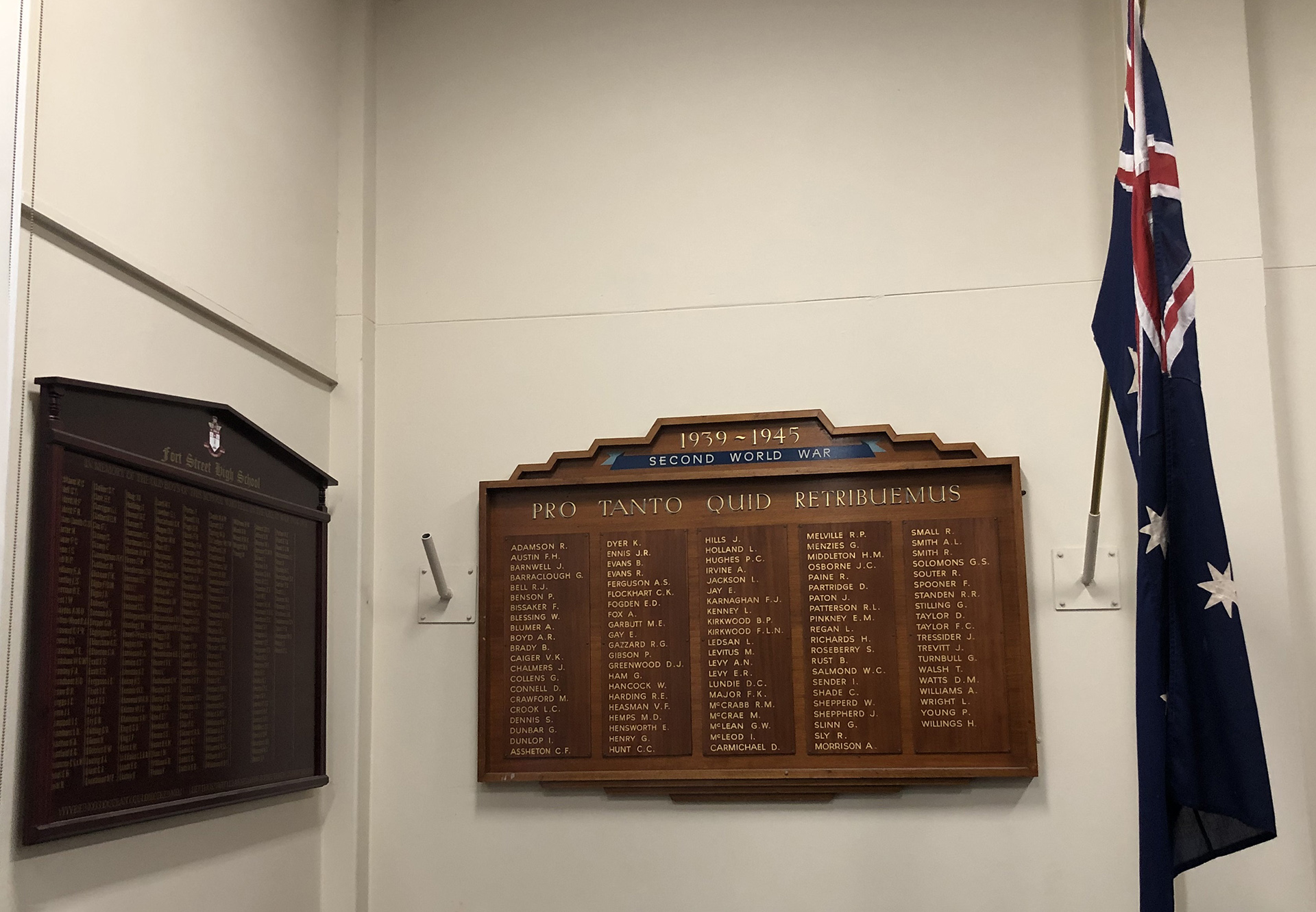 Fort Street High School Second World War Honour Roll, on wall next to Fort Street High School Great War Honour Roll and Australian flag