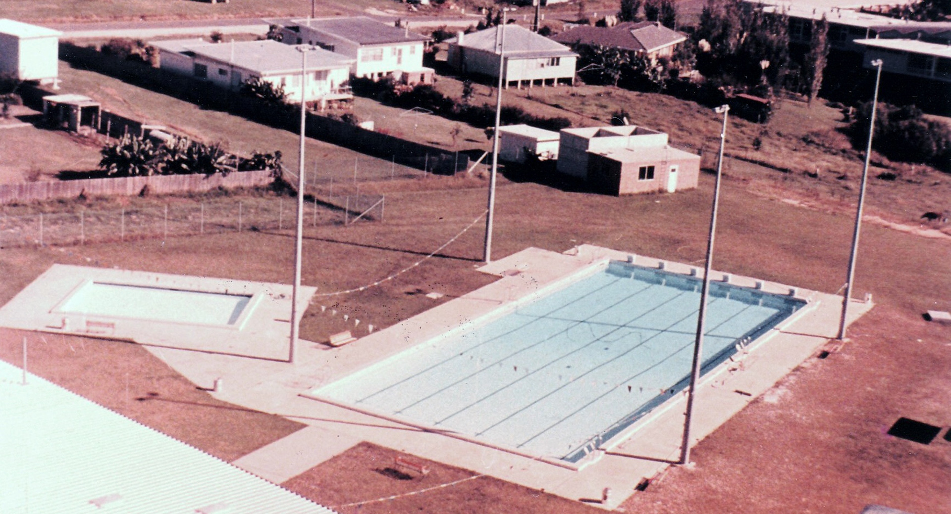 Archival image. Aerial view of Laurieton War Memorial Baths in March 1970.