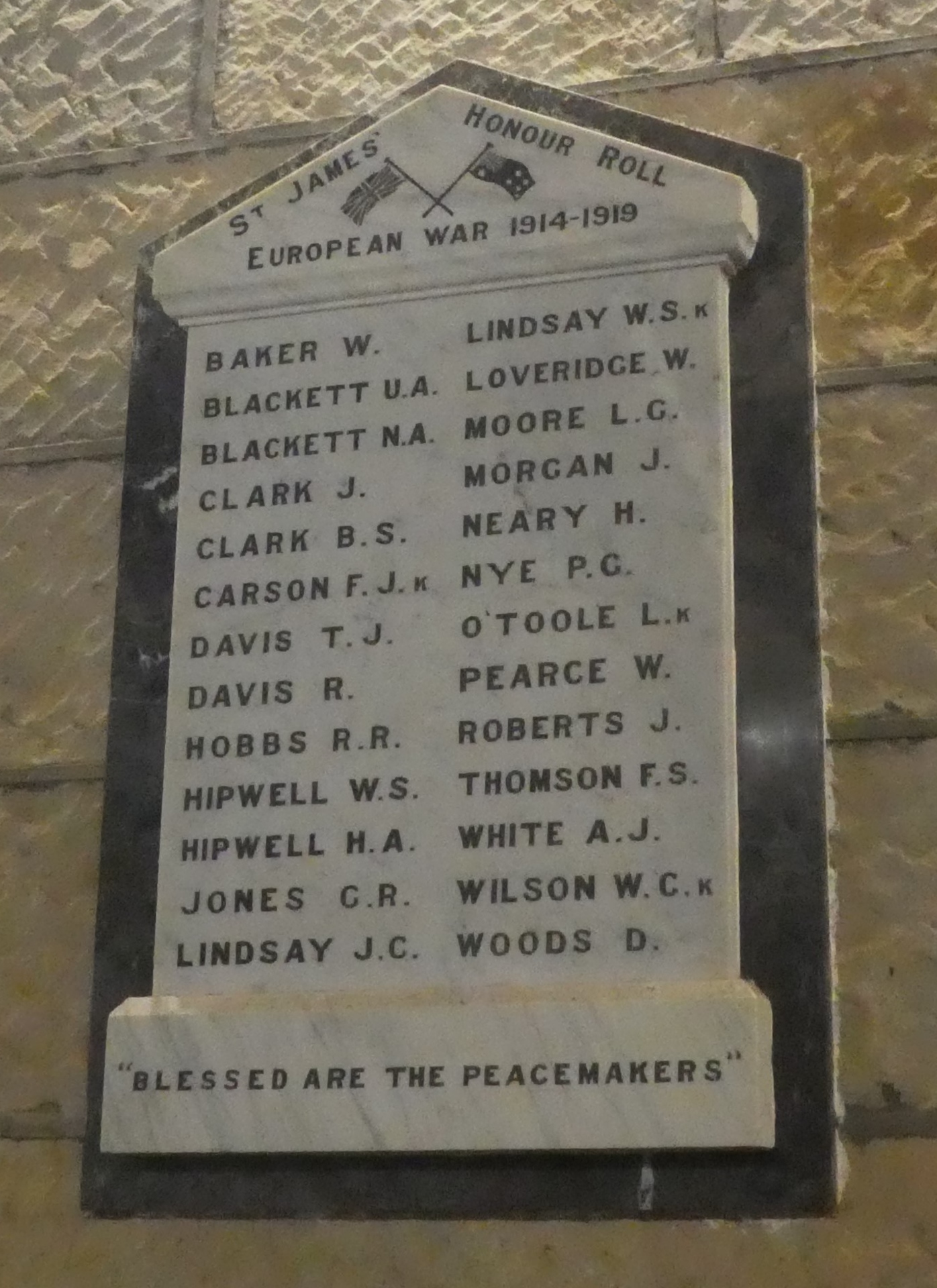 St James' Anglican Church First World War Roll of Honor, Pitt Town. Close up of names.