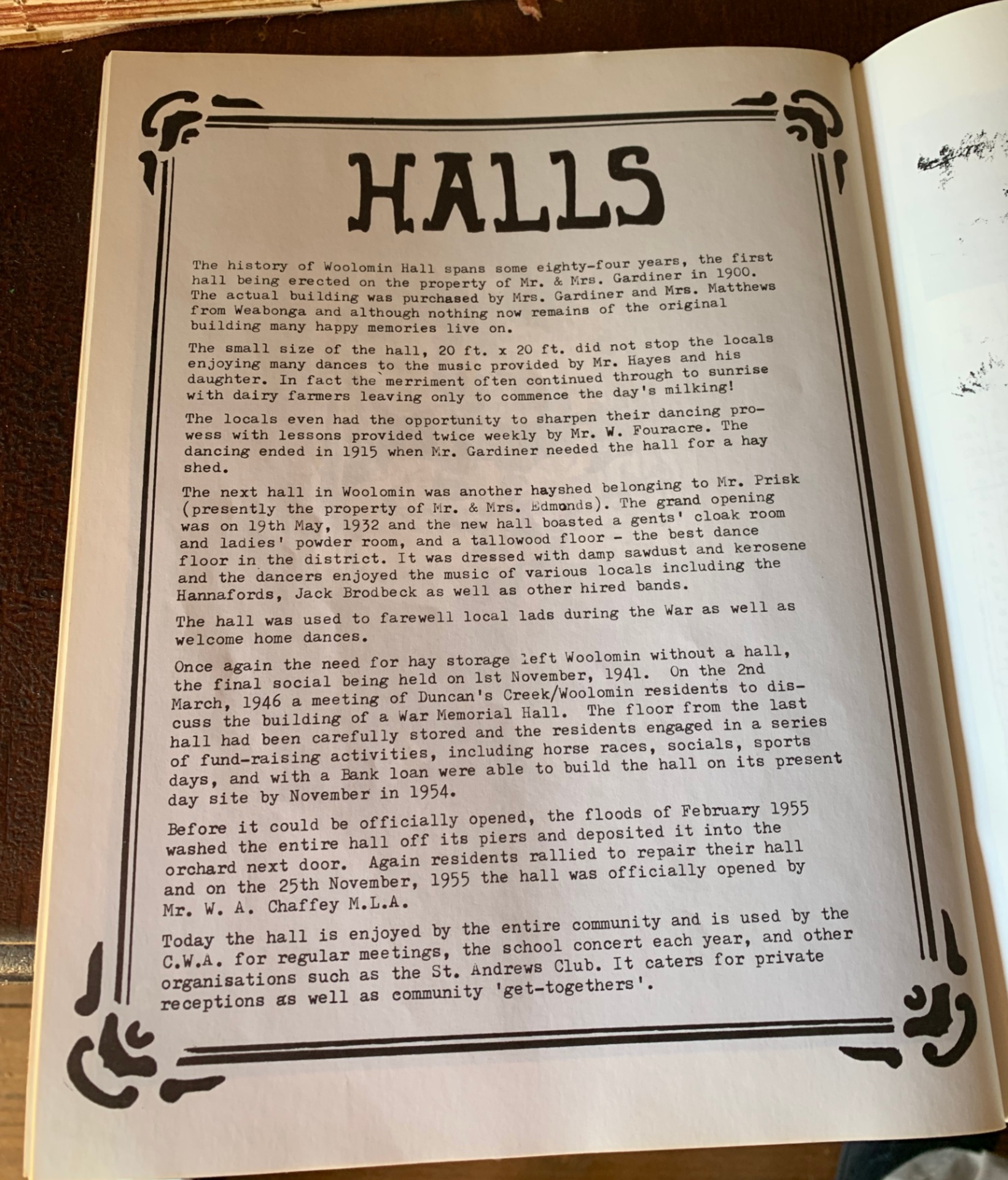 Page from a book detailing the history of the Woolomin Hall