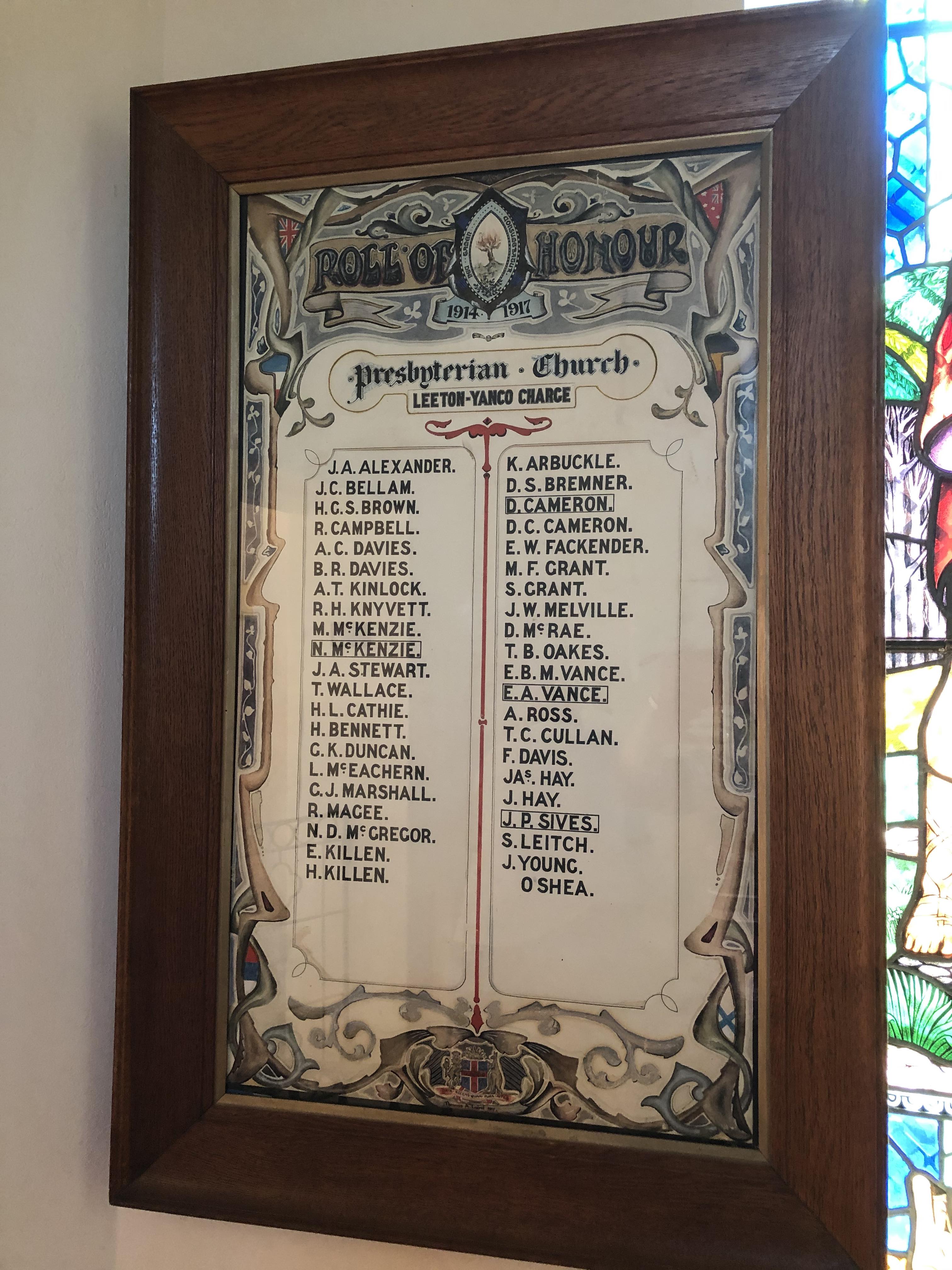 Presbyterian Church Leeton-Yanco Charge Roll of Honour