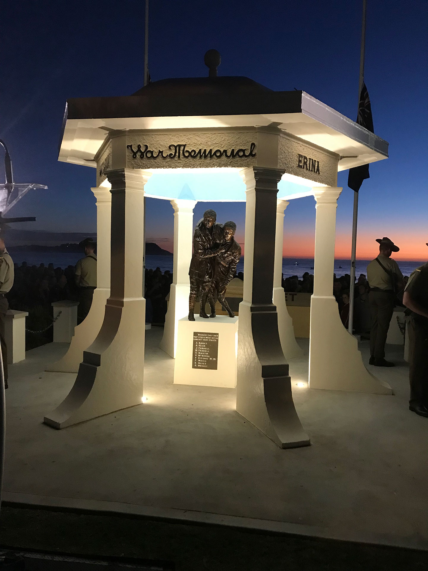 Terrigal Foreshore War Memorial, rotunda and sculpture, at angle, nighttime