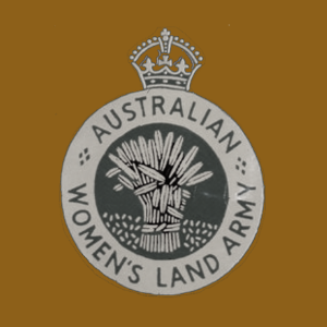 Bronze banner with black and white Australian Women's Land Army logo