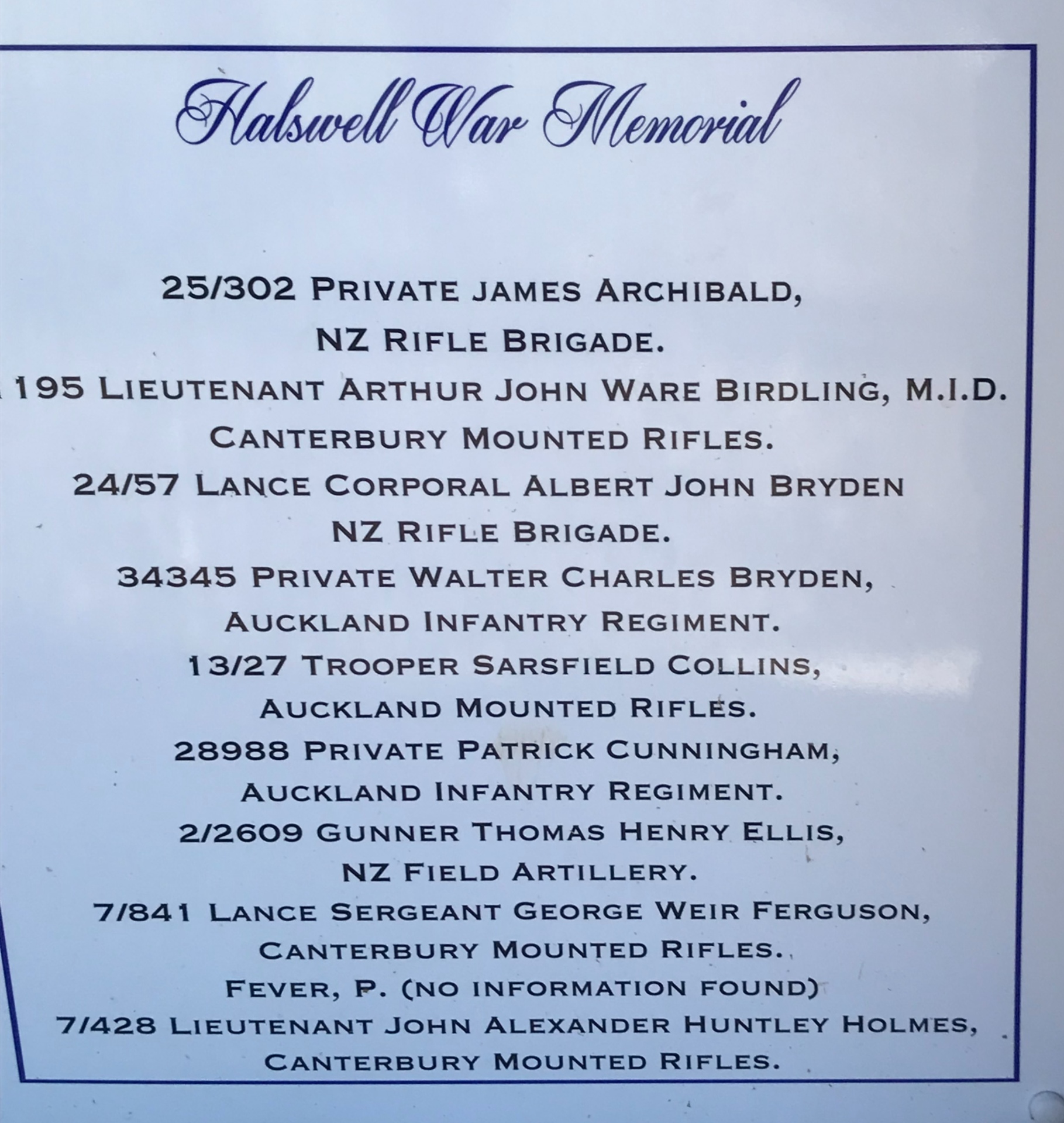 Delungra Anzac Park Memorial Gates, New Zealand wall, Halswell honour roll