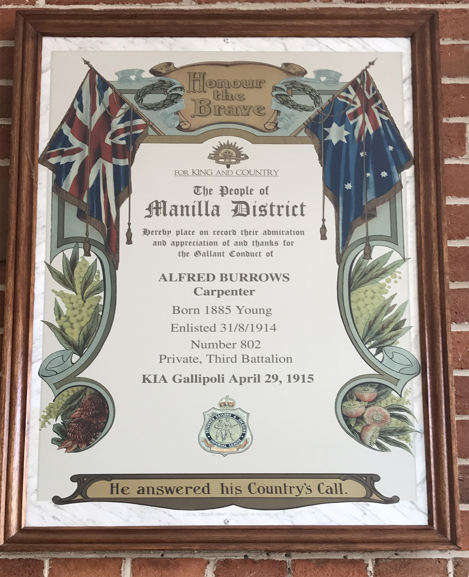 Manilla and District First World War Gallipoli Killed in Action Memorial, Alfred Burrows