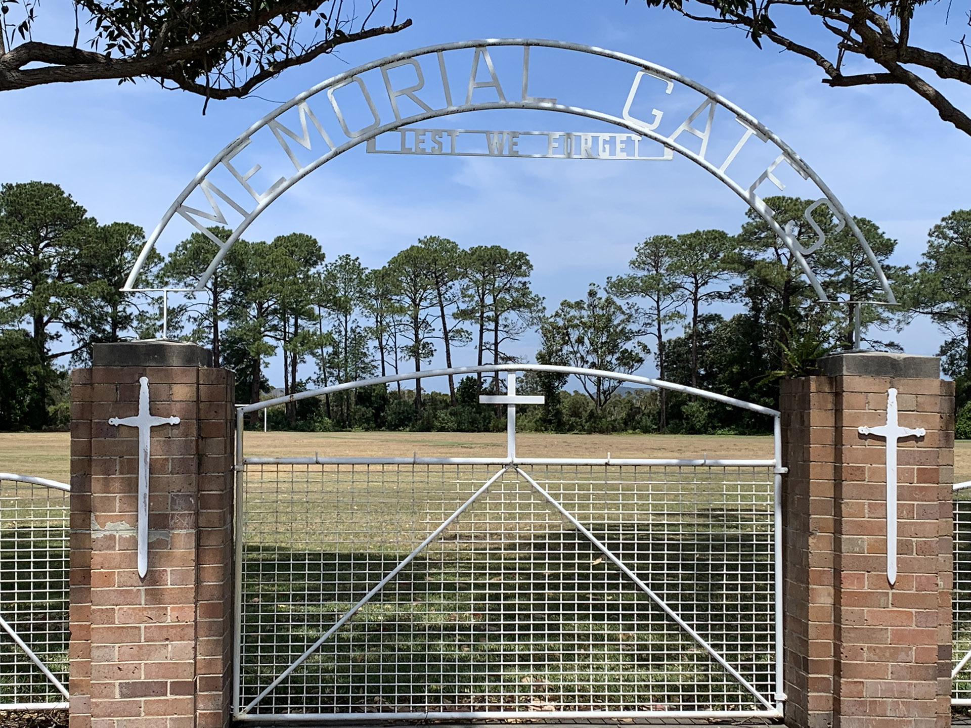 Tea Gardens Memorial Park gates, close up of centre gate with arch