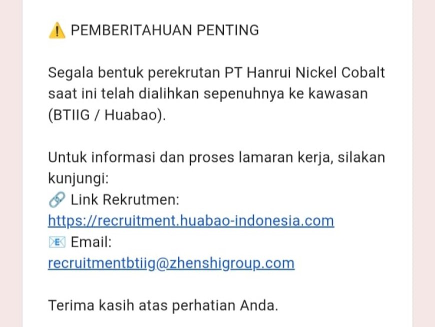 Hasil Audiensi Laskar To Boengkoe: Rekrutmen PT Hanrui Kini Dialihkan Satu Pintu Melalui Portal Resmi Huabao