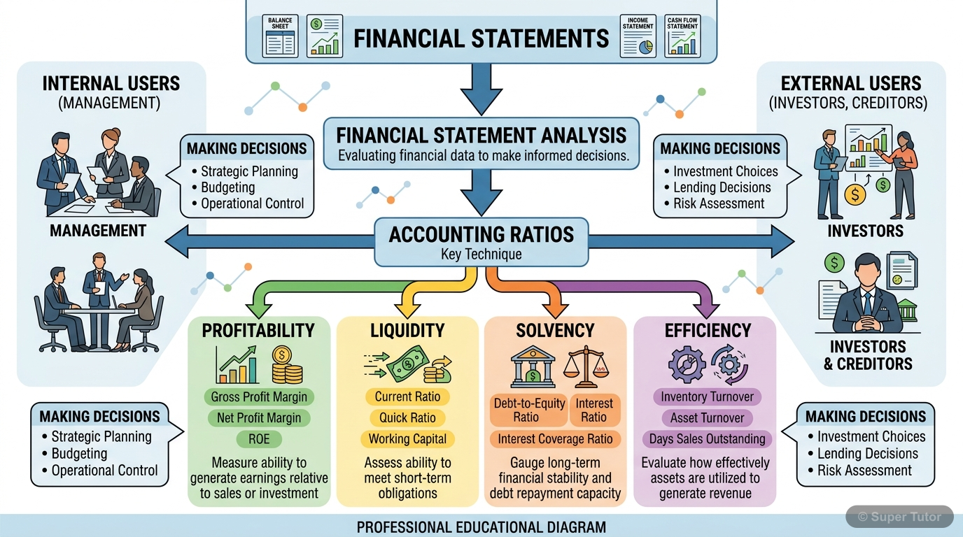 An infographic illustrating the role of accounting ratios as a tool for financial statement analysis, showing how they help assess profitability, liquidity, solvency, and efficiency for various stakeh