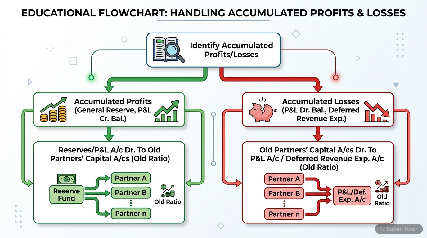 A flowchart showing the process of distributing accumulated profits (reserves) and losses among old partners in their old profit sharing ratio.