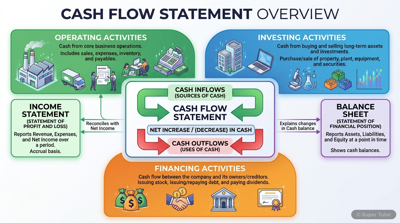 An infographic illustrating the core concept of a Cash Flow Statement, showing its purpose (inflows/outflows of cash and cash equivalents), its three main categories (Operating, Investing, Financing A