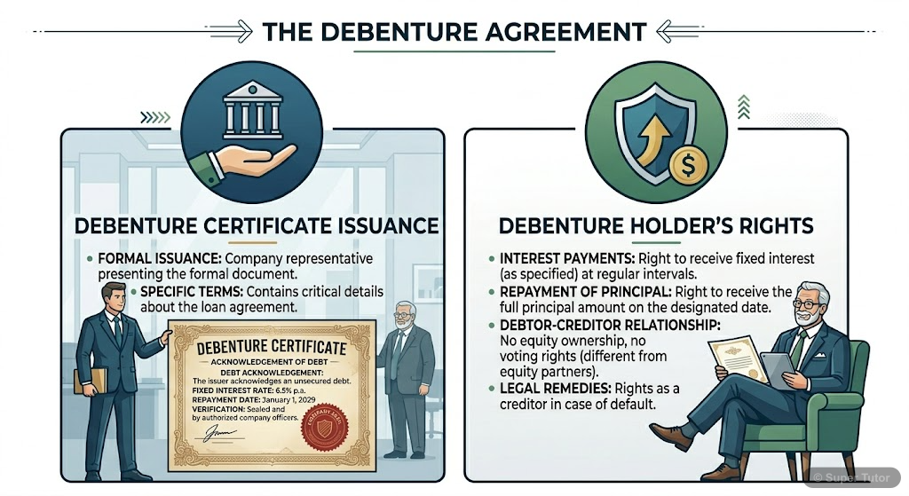 An illustration showing a company issuing a debenture certificate to an investor, highlighting it as an acknowledgement of debt, with key terms like 'interest rate', 'repayment period', and 'company s