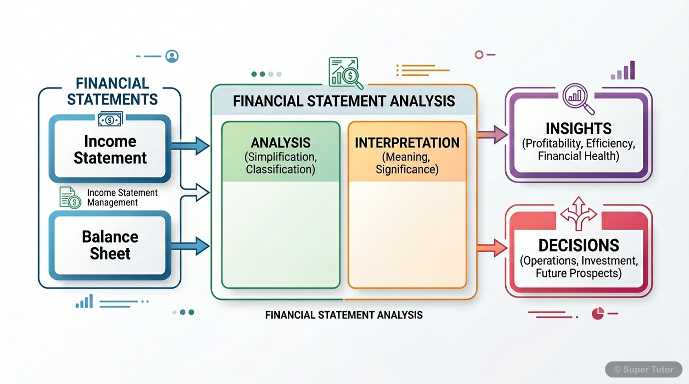 An infographic illustrating the core concept of financial statement analysis, showing financial statements as input, the analysis process, and the resulting insights and decisions. Highlight the two m