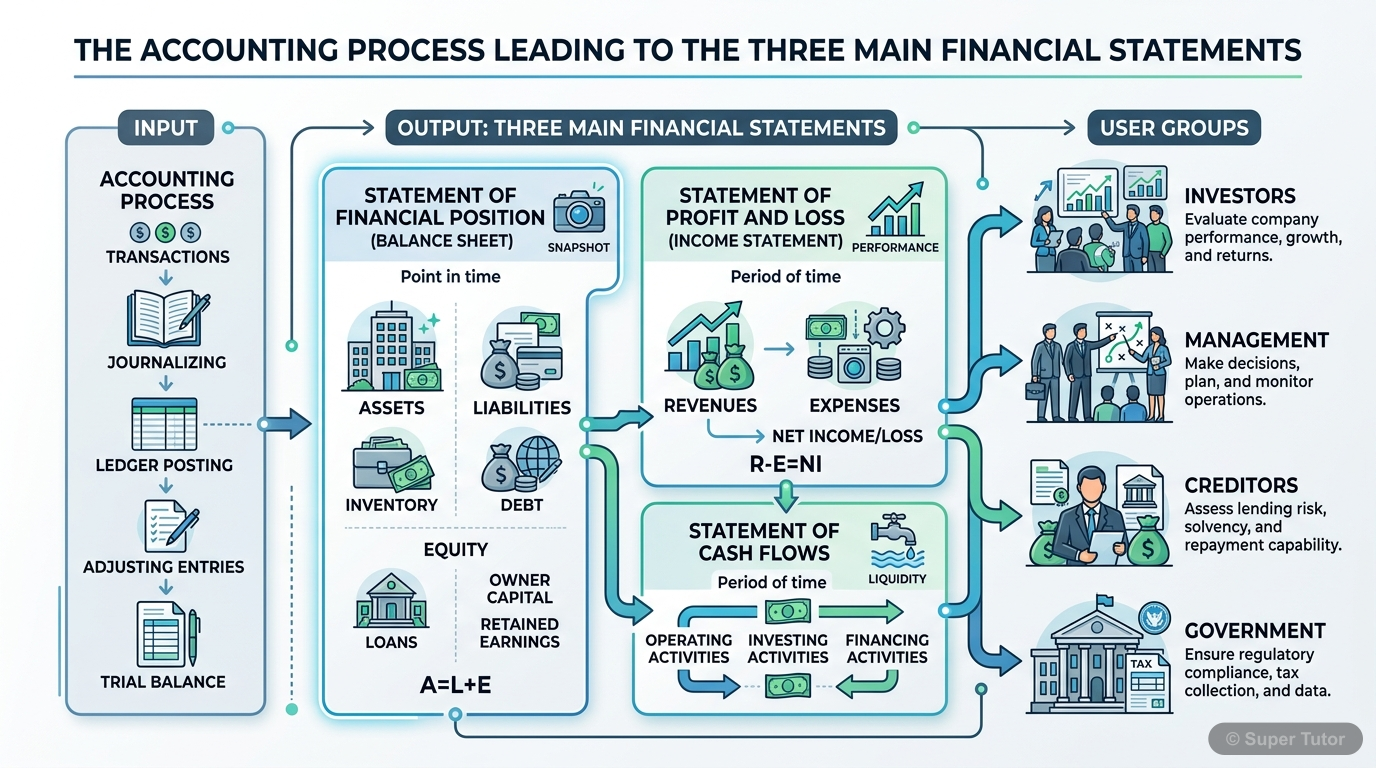 Overview of Financial Statements An infographic showing the three main financial statements (Balance Sheet, Statement of Profit and Loss, Cash Flow Statement) as end products of the accounting process, highlighting their purpose and