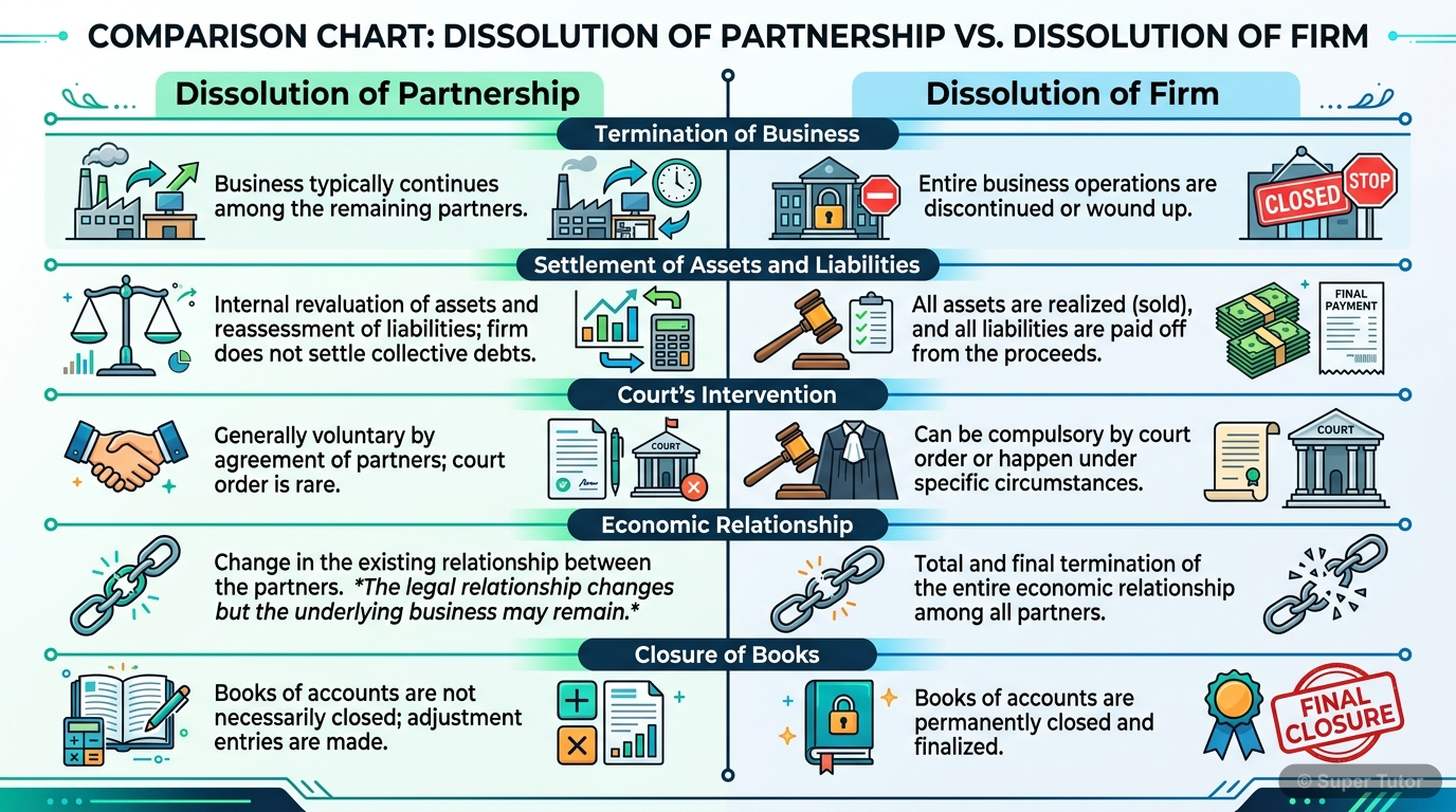 A comparison chart highlighting the key differences between the dissolution of a partnership and the dissolution of a partnership firm, focusing on business termination, settlement of assets/liabiliti