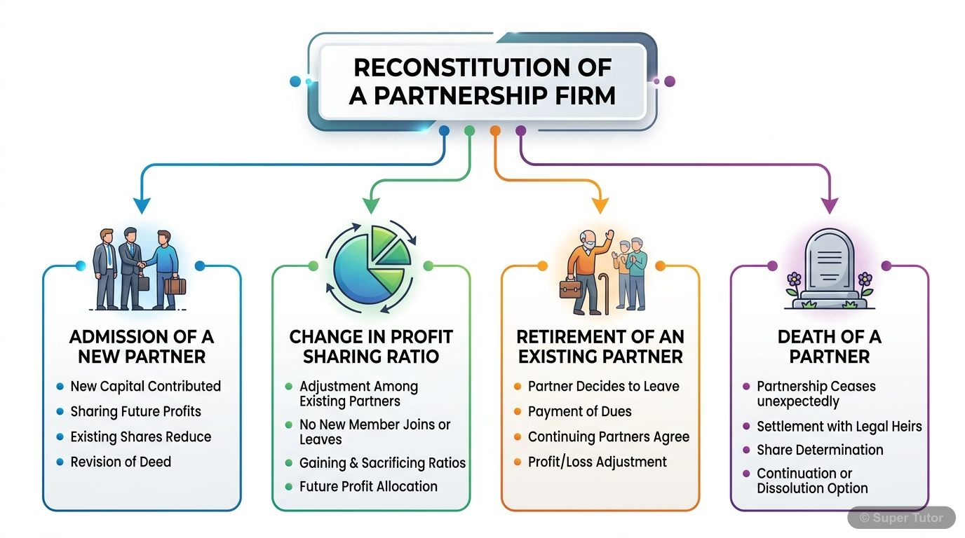 Modes of Reconstitution of a Partnership Firm A flowchart illustrating the different ways a partnership firm can be reconstituted, including admission of a new partner, change in profit sharing ratio, retirement, and death of a partner.