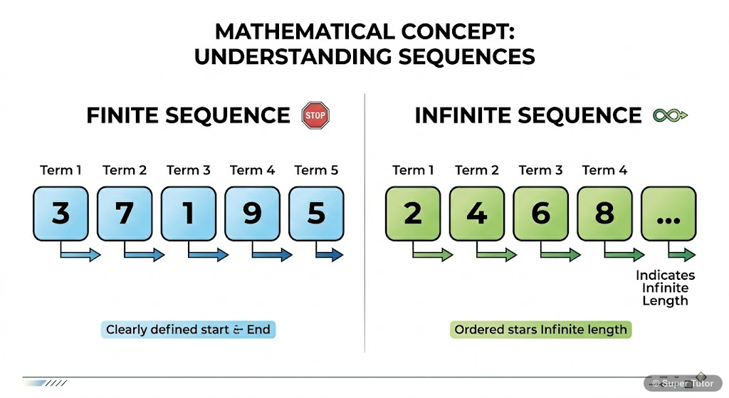 A visual explanation of what a sequence is, distinguishing between finite and infinite sequences with examples.