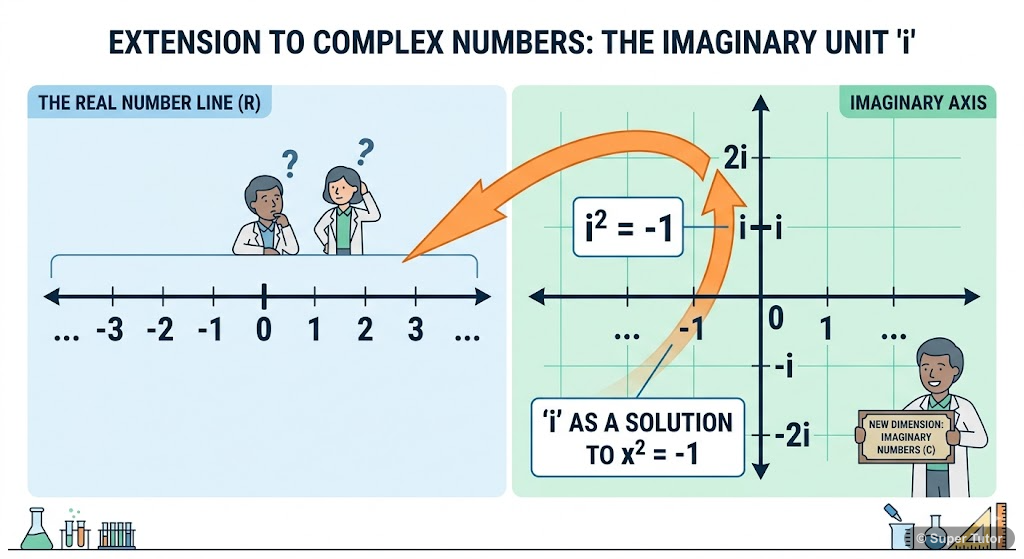 A diagram illustrating the concept of the imaginary unit 'i' as the square root of -1, contrasting it with real numbers on a number line and showing how it extends the number system.