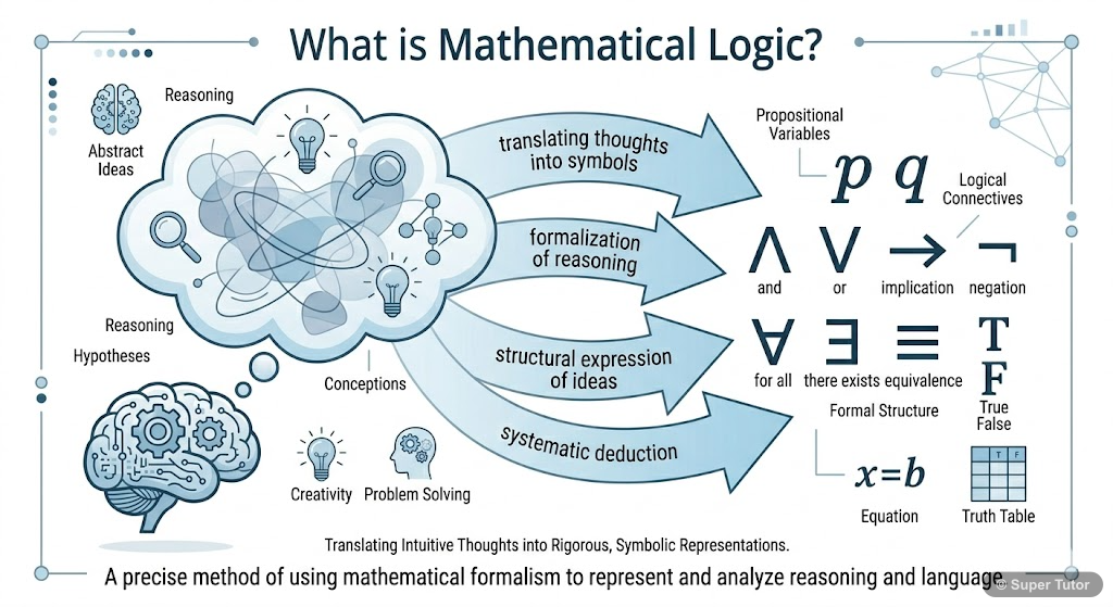 An infographic explaining mathematical logic as the 'science of reasoning' using abstract symbols, highlighting its role in clear thought expression.