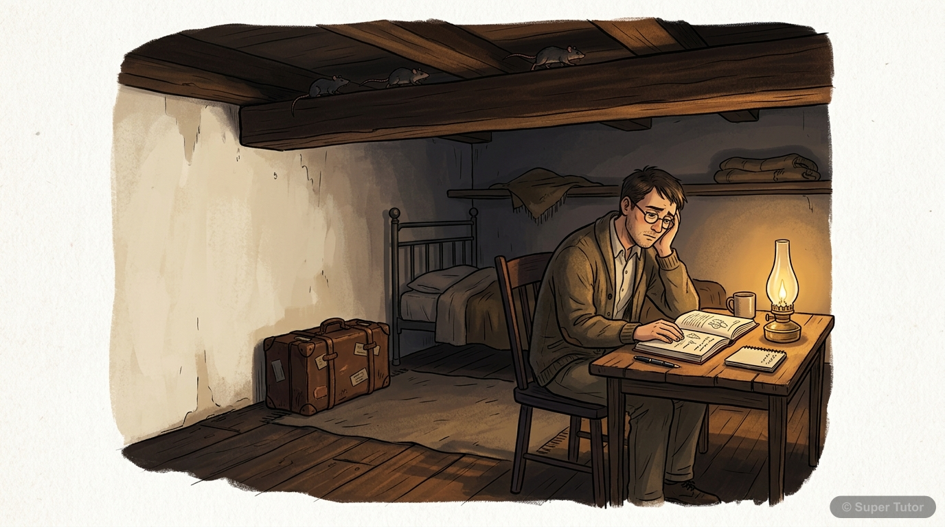 An illustration depicting the young doctor's small, non-electrified rented room with minimal belongings, highlighting his financial struggles and simple lifestyle.