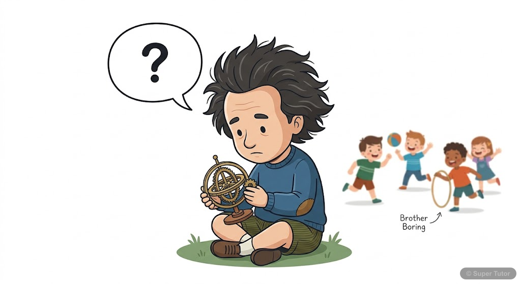 An illustration depicting young Albert Einstein with a large head, not talking, playing alone with mechanical toys, and his playmates calling him 'Brother Boring'.