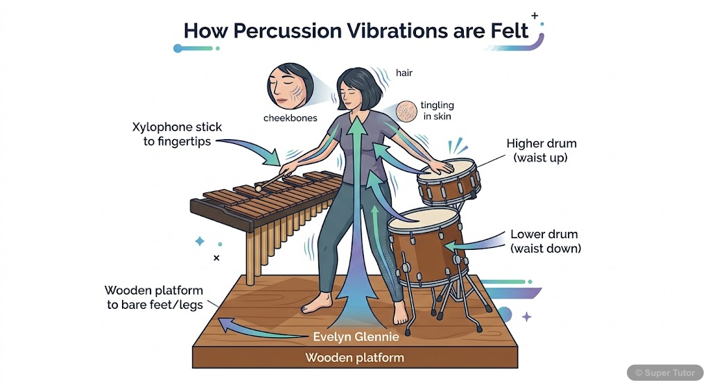 A labeled diagram showing how Evelyn Glennie perceives musical sounds and vibrations through different parts of her body, including waist, fingertips, cheekbones, and bare feet.