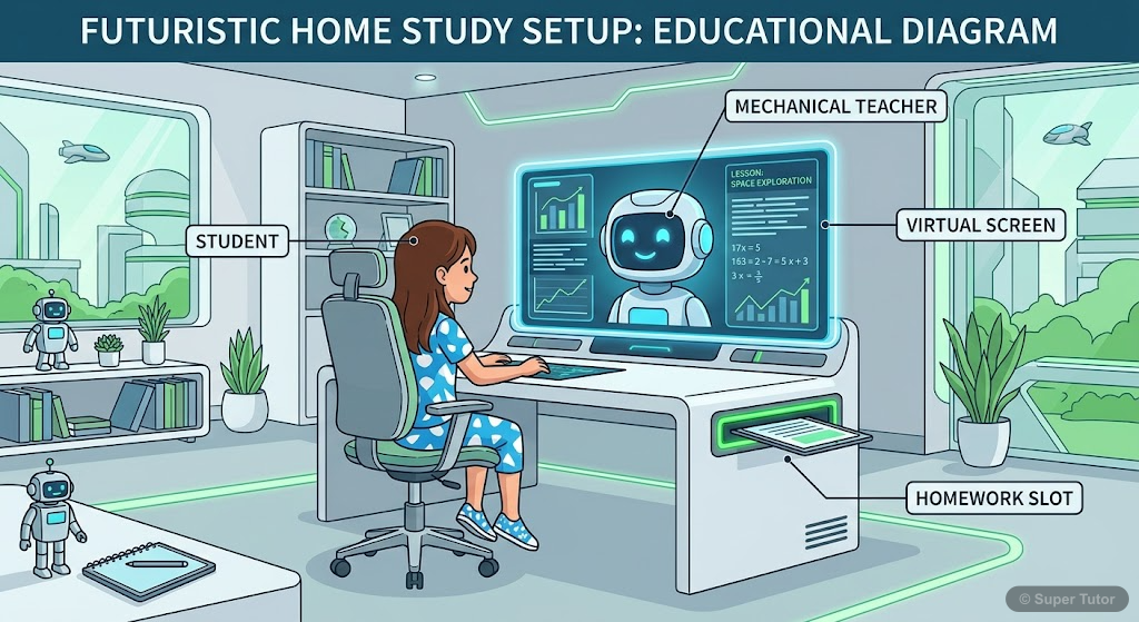 Future School: Virtual Classroom Setup A diagram illustrating a student learning in a virtual classroom setting with a robotic teacher, showing the computer screen, headphones, and the student interacting with the system. It contrasts with