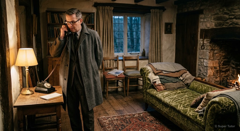 A scene depicting the interior of Gerrard's lonely cottage, with simple furniture including a small table, chairs, a divan, and a telephone. Gerrard is on the phone, dressed in a lounge suit and great