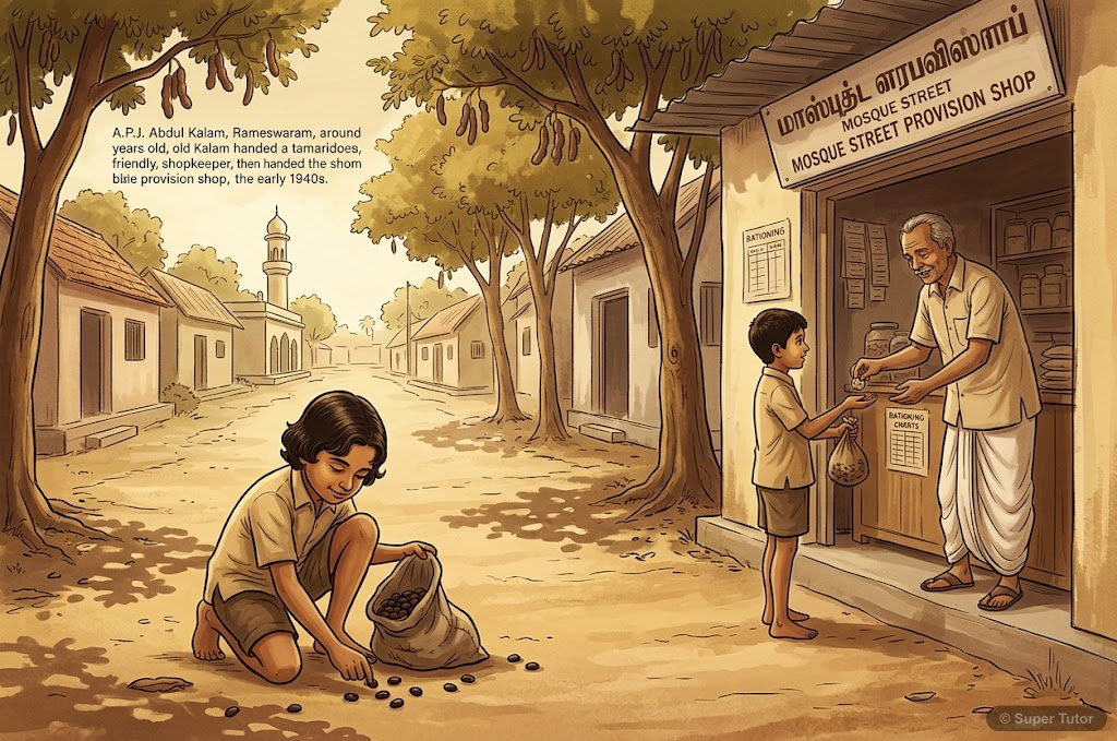 Kalam Selling Tamarind Seeds during WWII An illustration of young A.P.J. Abdul Kalam collecting and selling tamarind seeds to a provision shop on Mosque Street during World War II, depicting his first earnings.