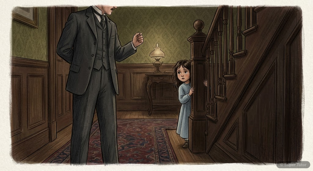 An illustration depicting Kezia's initial fear and avoidance of her father, showing her hiding or looking apprehensive as he enters the room or gives commands.