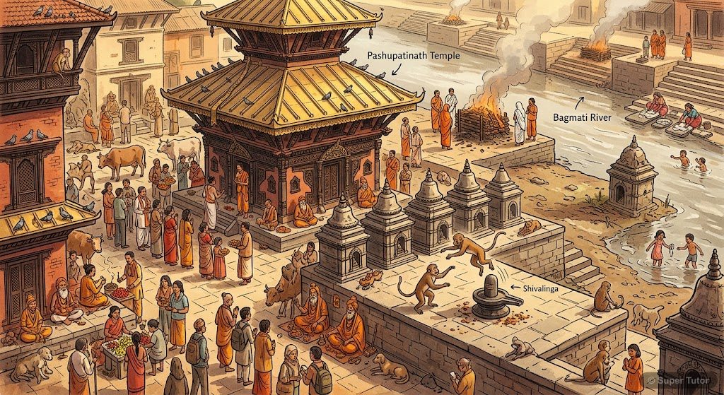 An illustration depicting the 'febrile confusion' at Pashupatinath Temple, showing priests, hawkers, devotees, tourists, cows, monkeys, pigeons, dogs, a princess, saffron-clad Westerners, a fight betw