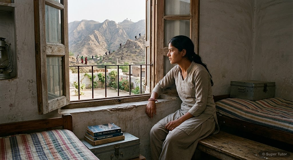 A scene depicting Santosh Yadav in her Kasturba Hostel room, looking out at the Aravalli Hills, where she sees villagers and then mountaineers, leading to her decision to explore climbing.