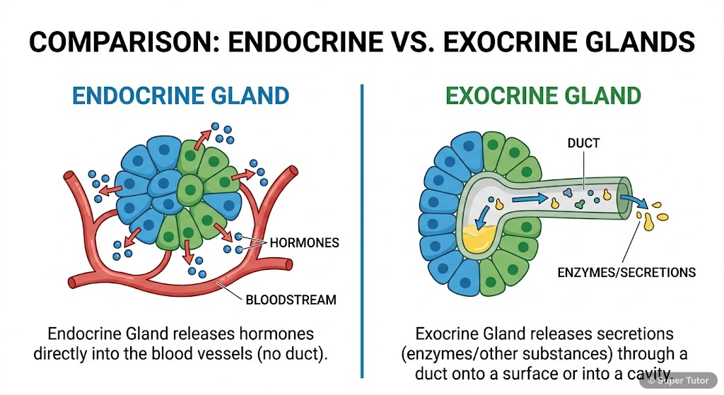 A comparison chart highlighting the key differences between endocrine (ductless) glands and exocrine (ducted) glands, including their secretions and how they are released.