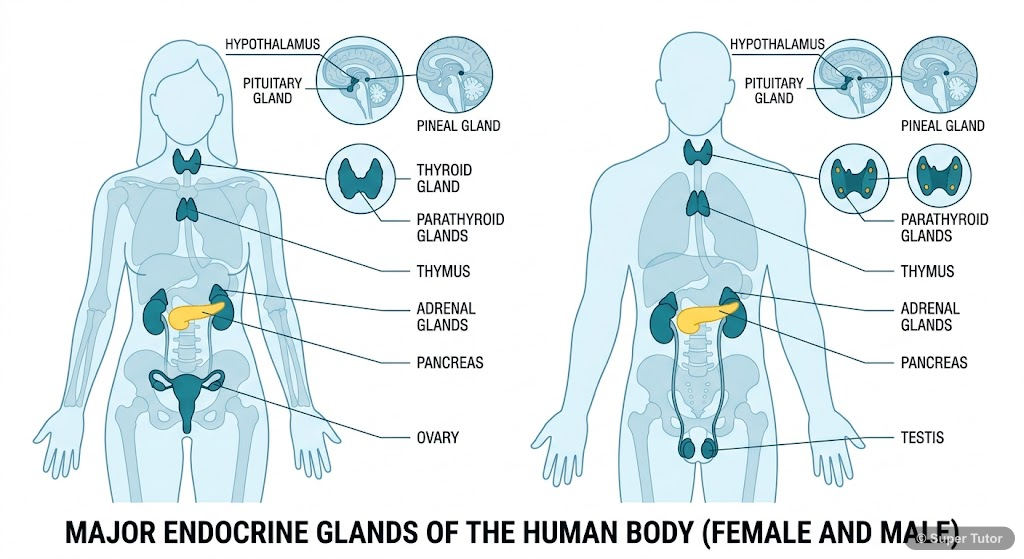 An anatomical diagram showing the location of all major endocrine glands in the human male and female body.