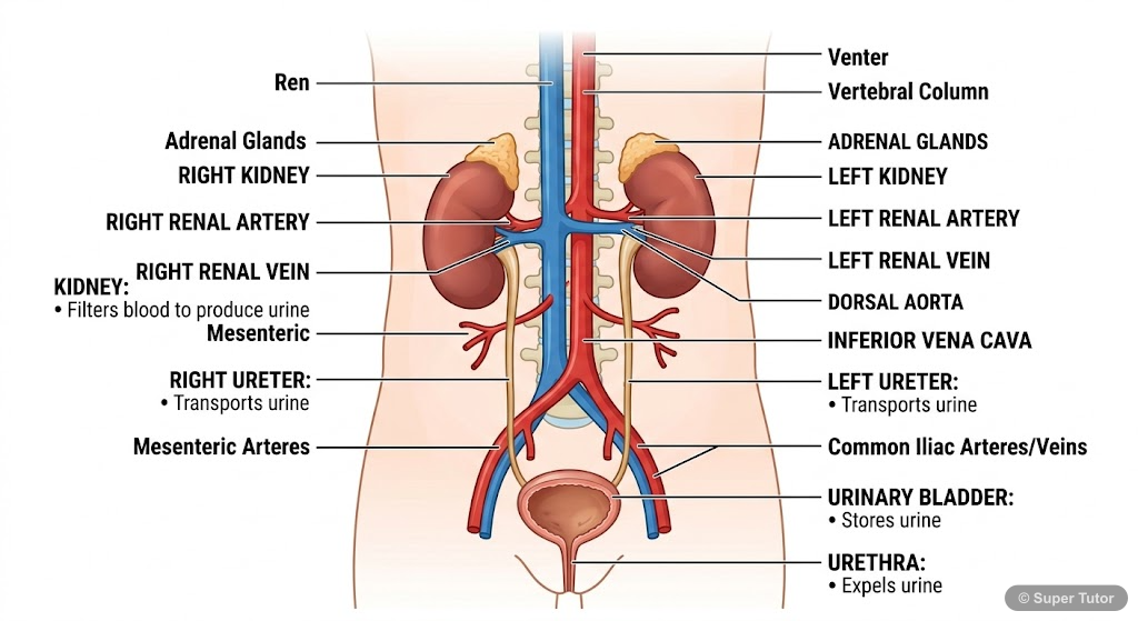 A labeled diagram of the human excretory system, showing the kidneys, ureters, urinary bladder, and urethra, along with major associated blood vessels (aorta, vena cava).