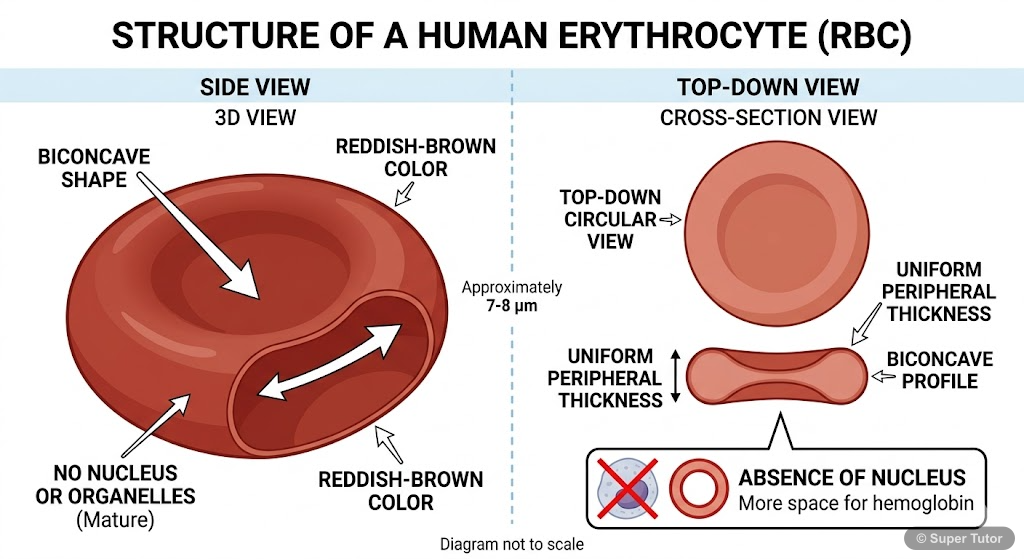 A labeled diagram of a human red blood cell, highlighting its biconcave shape and the absence of a nucleus.