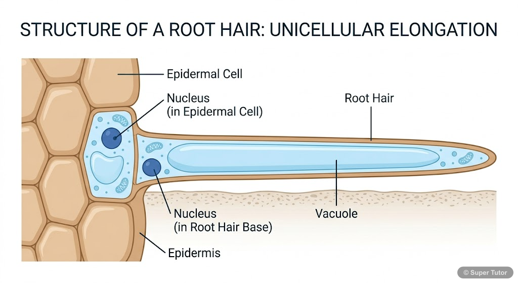 Structure of a Root Hair A labeled diagram showing a single root hair as a unicellular extension of an epidermal cell, illustrating its role in water and mineral absorption.